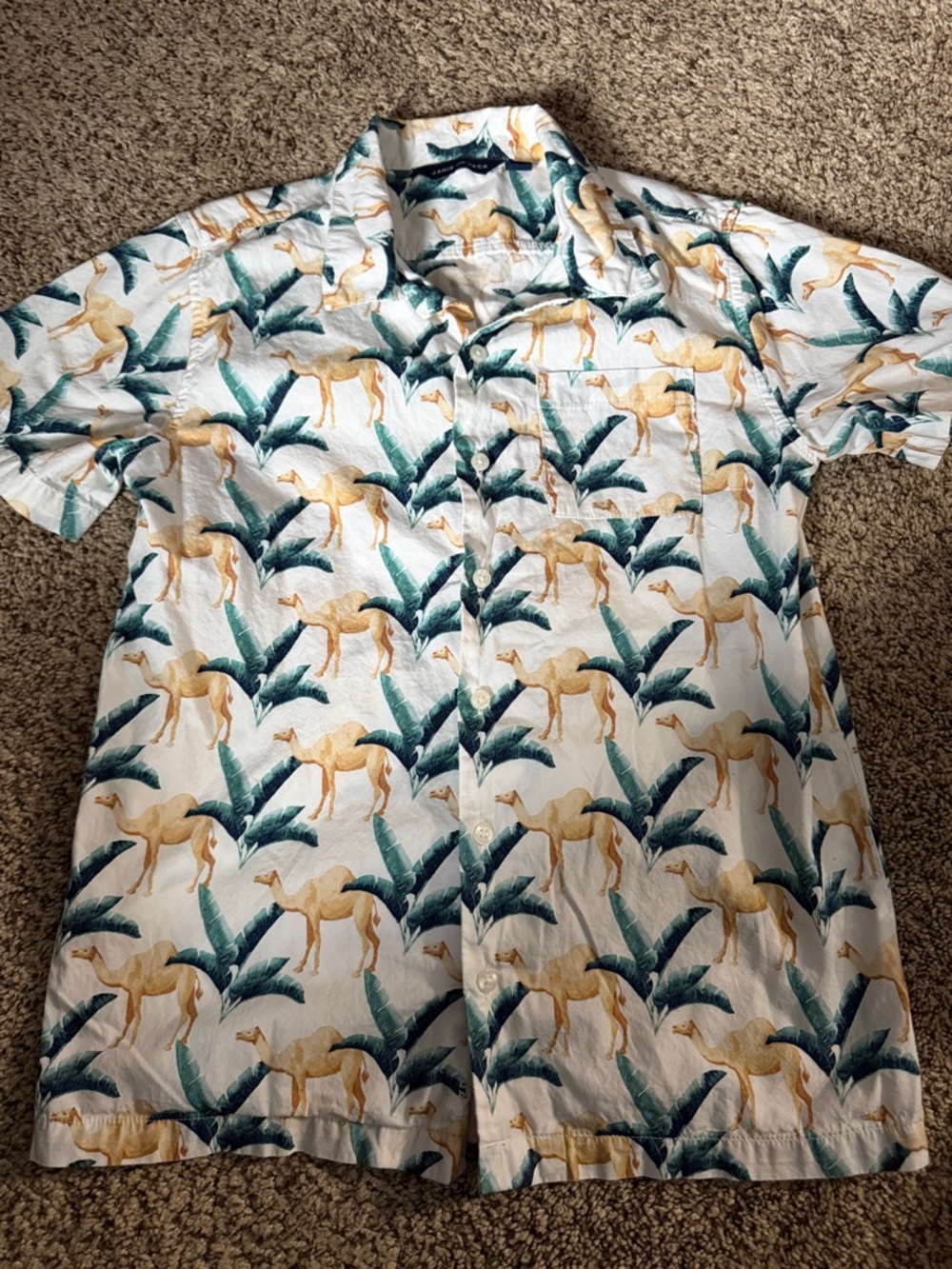 Janie and Jack White Button-Up Shirt Camel & Green Leaf  Safari, Hawaiian Sz 10
